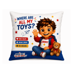 Jimmy Decorative Throw Pillow – Where Are All My Toys? – 16" × 16"